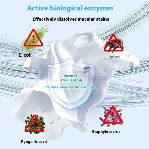 Bottle of biological enzyme bubble powder laundry detergent for down jackets and delicate fabrics.