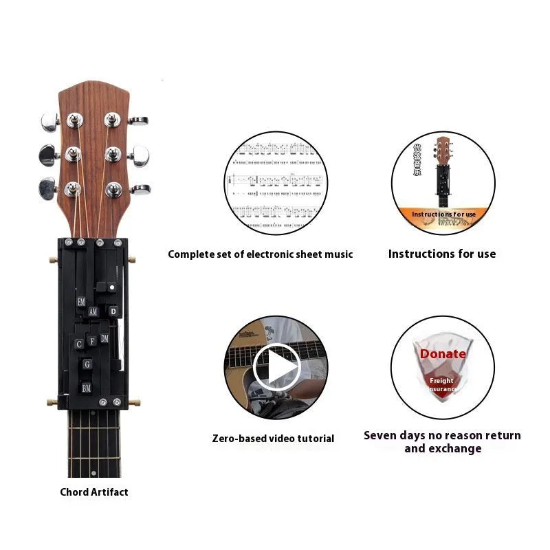 Automatic chord device for folk guitar practice with black or white chord options