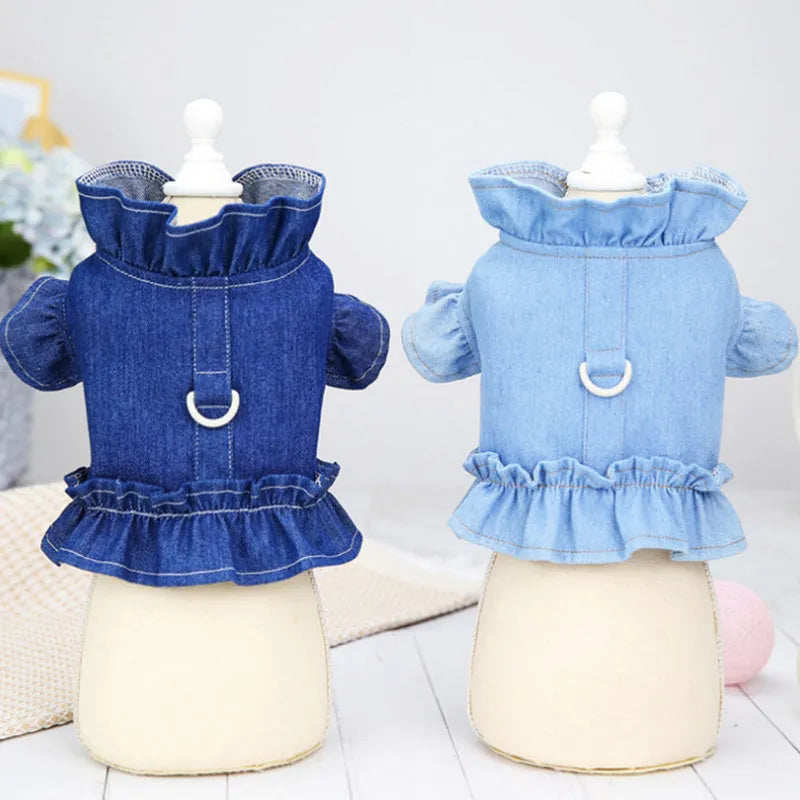 Blue denim pet dog dress with ruffle vest styling and leash hooks at chest and back