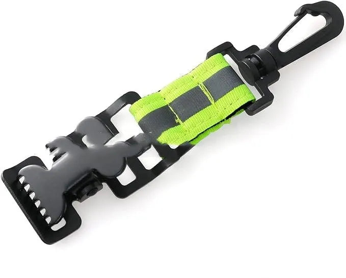 Fluorescent green reflective metal buckle clip for securing safety and work gloves.