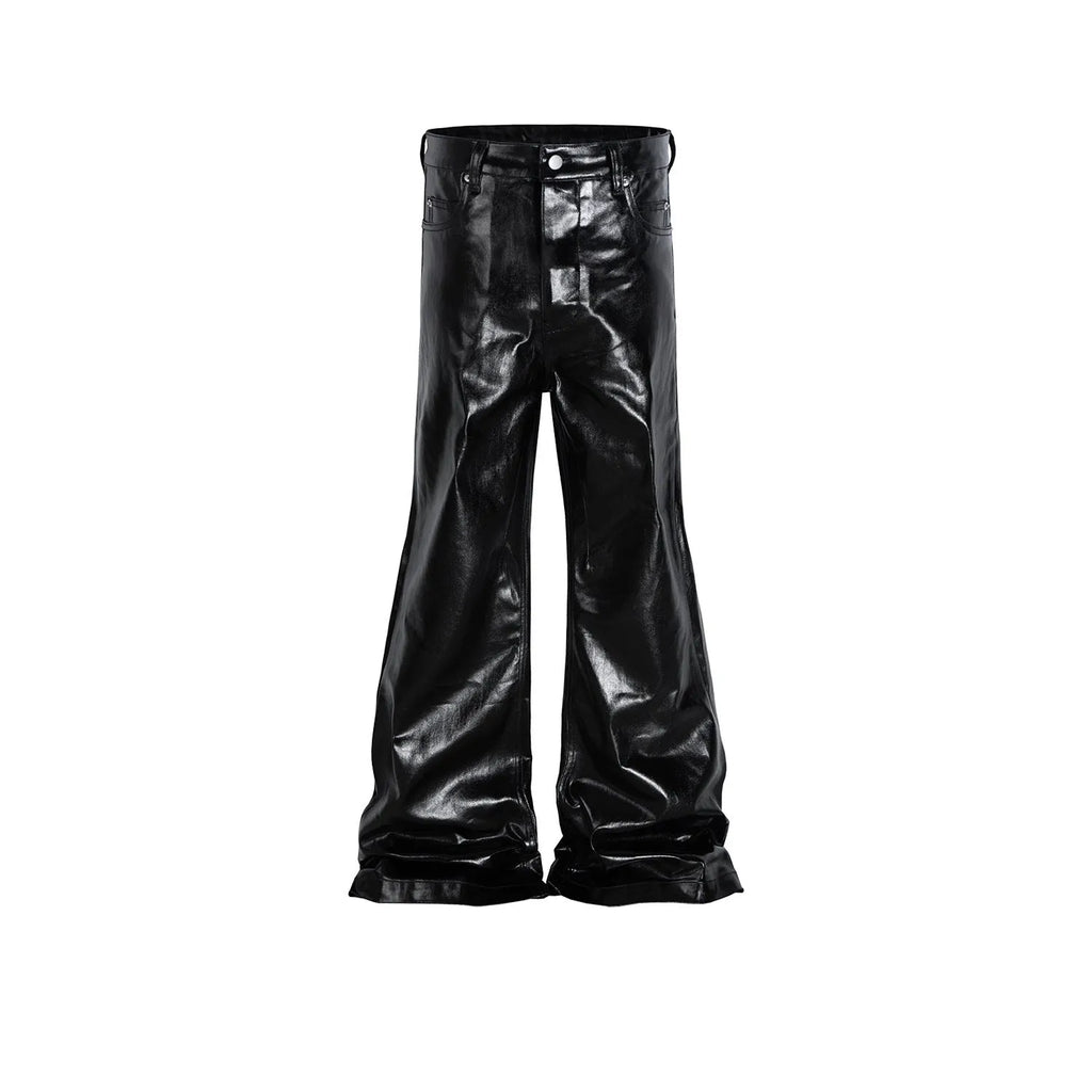 Black coated patent leather straight-leg skinny jeans on a model