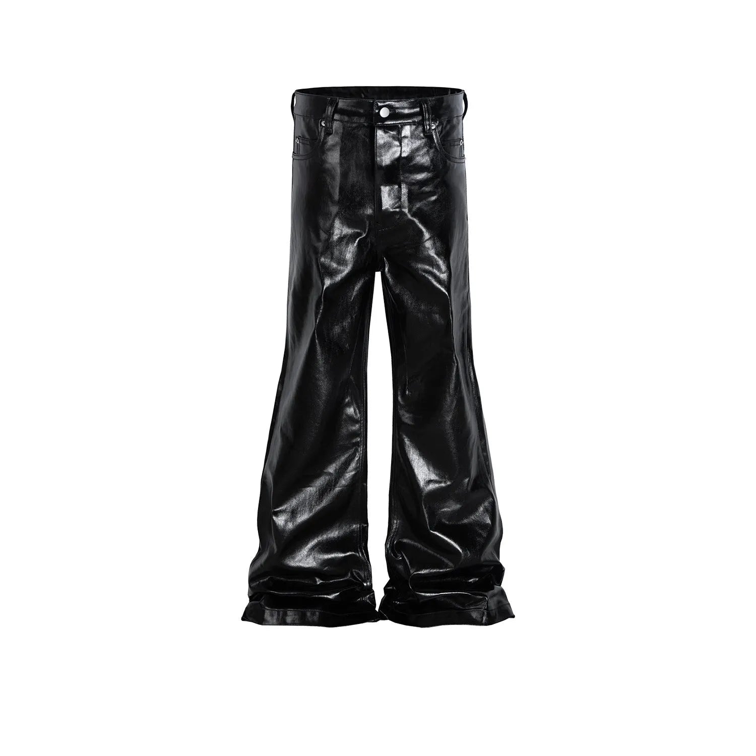 Black coated patent leather straight-leg skinny jeans on a model