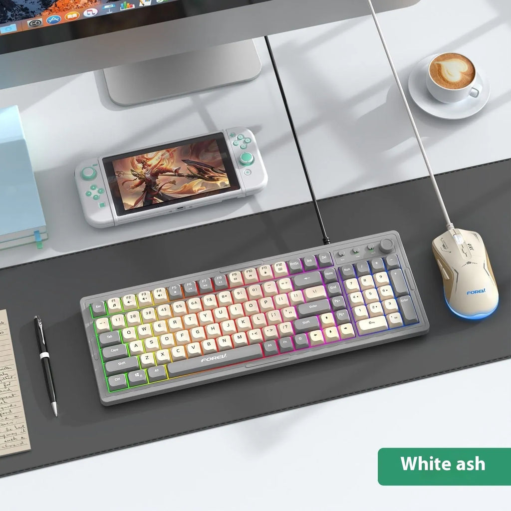 A mechanical keyboard and mouse set in a selected colour, showcasing its three-mould keycaps and model design.