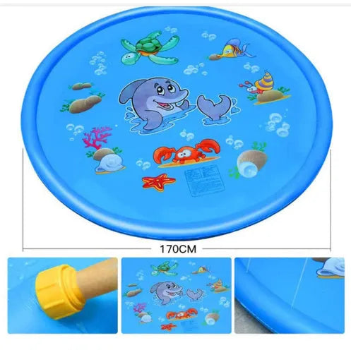 Blue children's water spray play mat with marine animal graphics for outdoor garden use