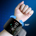 Black digital wrist blood pressure monitor with display and cuff for home health tracking