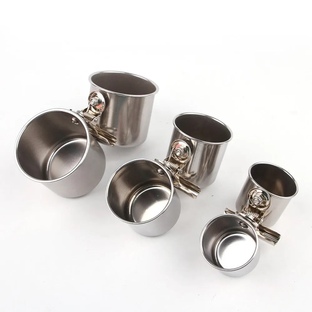 Stainless steel bird feeder food container in natural metal colour for outdoor use.