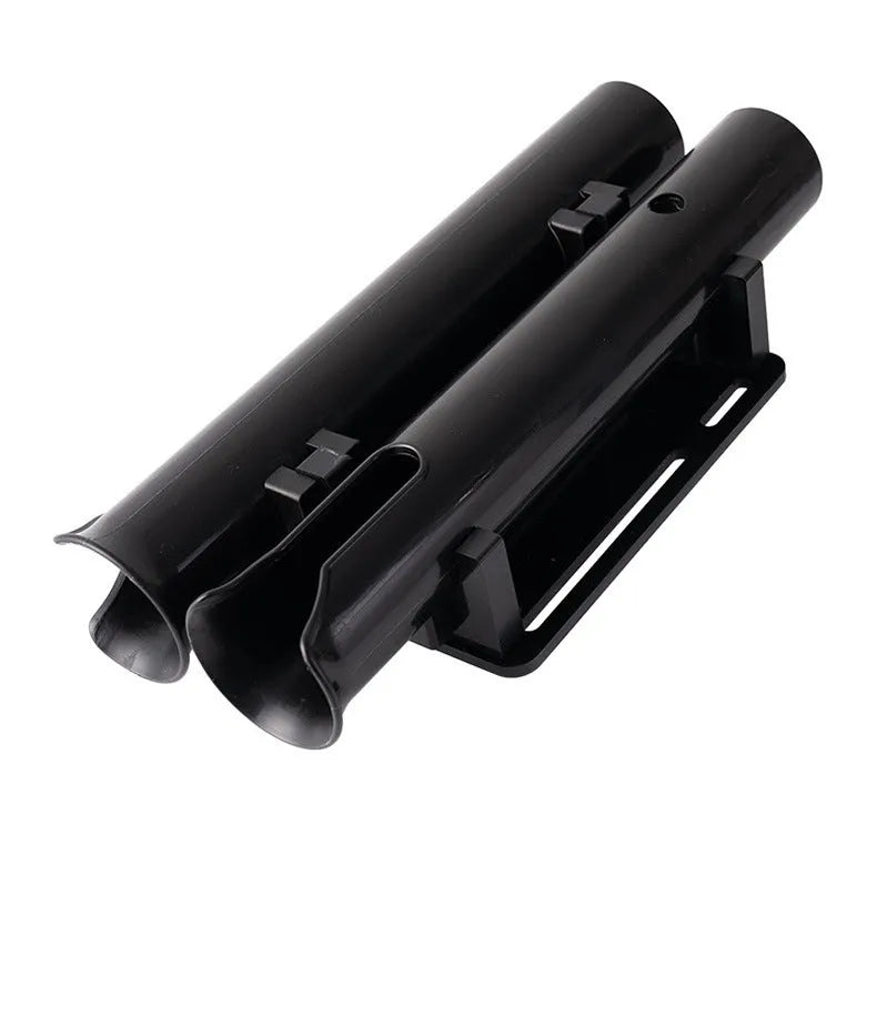 Carbon fibre motorcycle fishing rod rack with double-layer plastic frame and pipe clamp mounting system