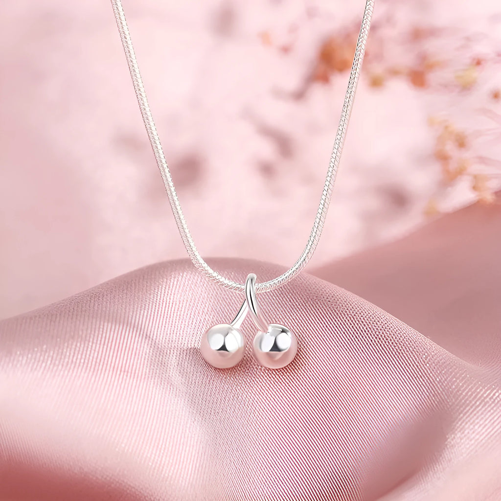S925 sterling silver cherry necklace on adjustable snake bone chain for women.