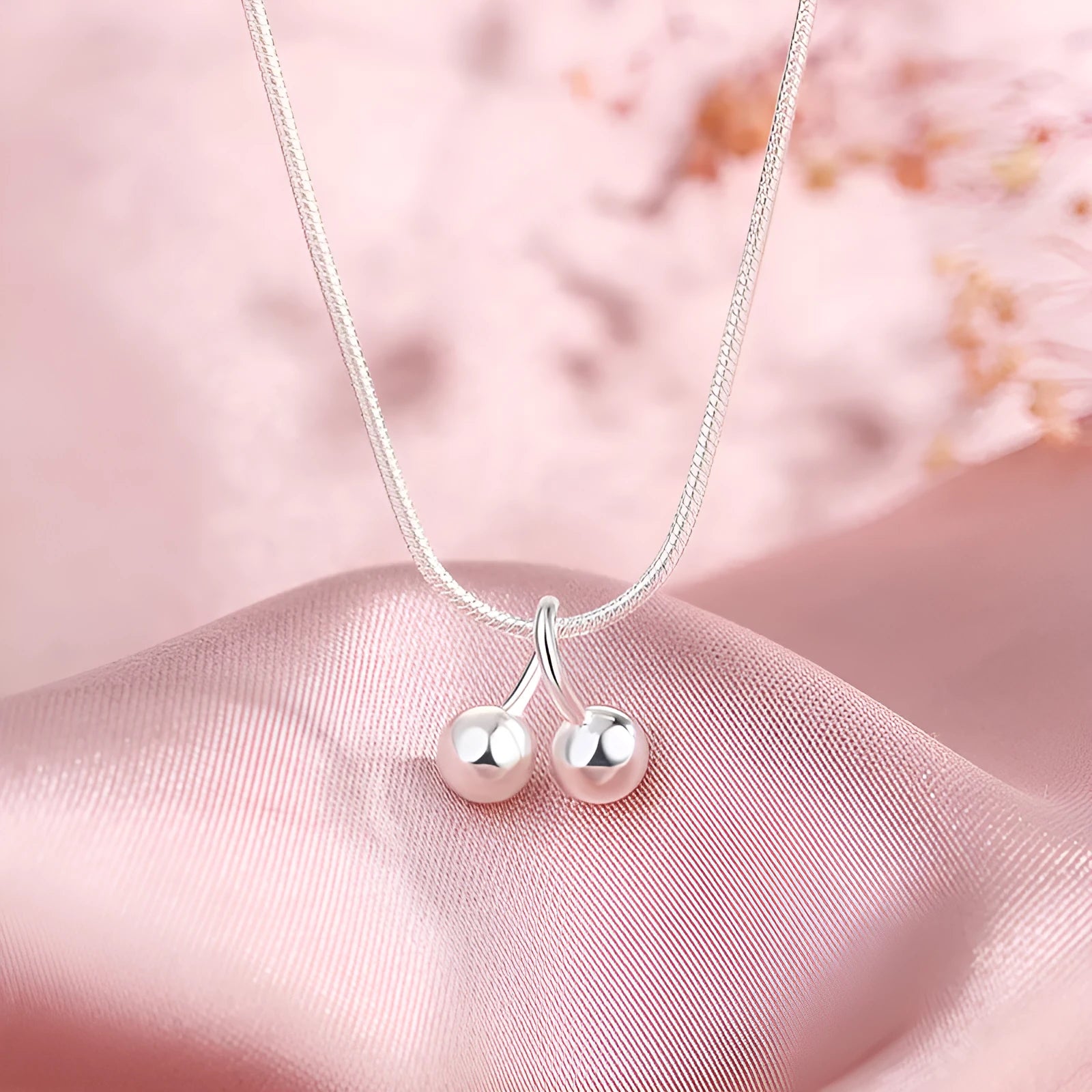 S925 sterling silver cherry necklace on adjustable snake bone chain for women.