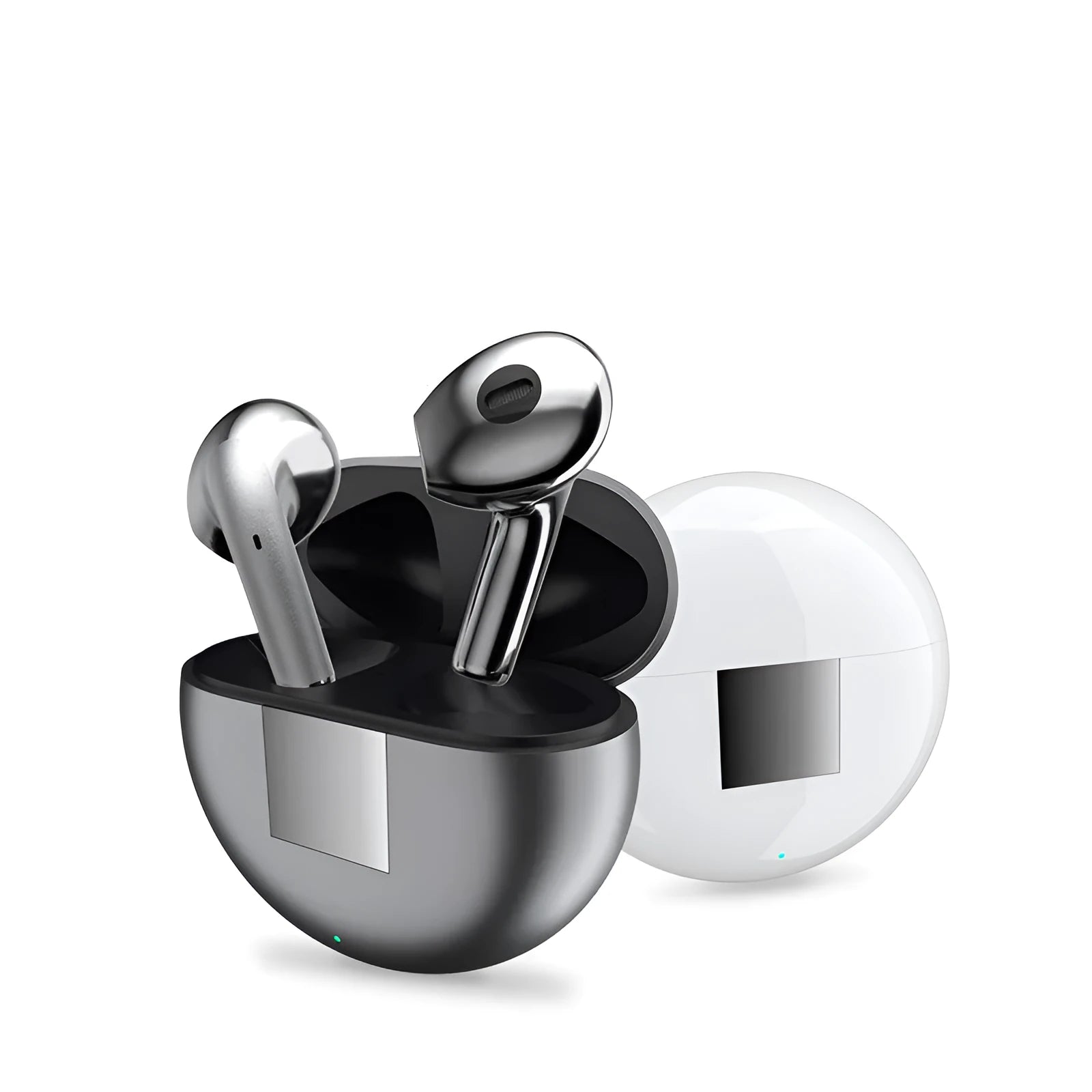 White Wireless Budz5 Bluetooth earbuds placed inside their compact black charging case.