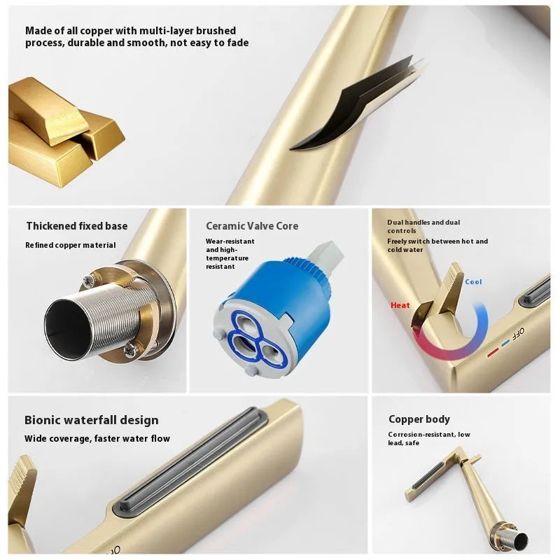 Copper bathroom washbasin mixer tap with hot and cold control, available in Brushed Gold, Chrome, Grab Grey and White