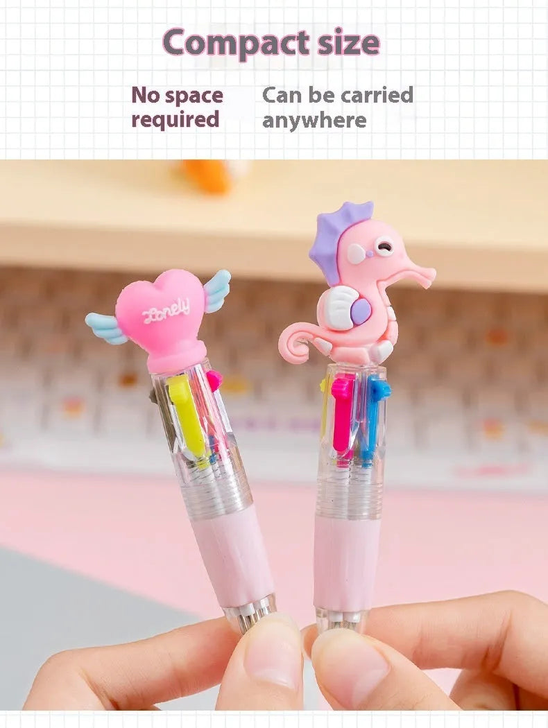 Cute cartoon four-colour press ballpoint pen with random design theme and 0.7mm tip.