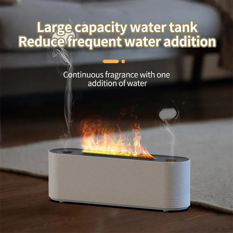 Black Flame Air ultrasonic humidifier and essential oil diffuser with coloured LED lights on a desk.