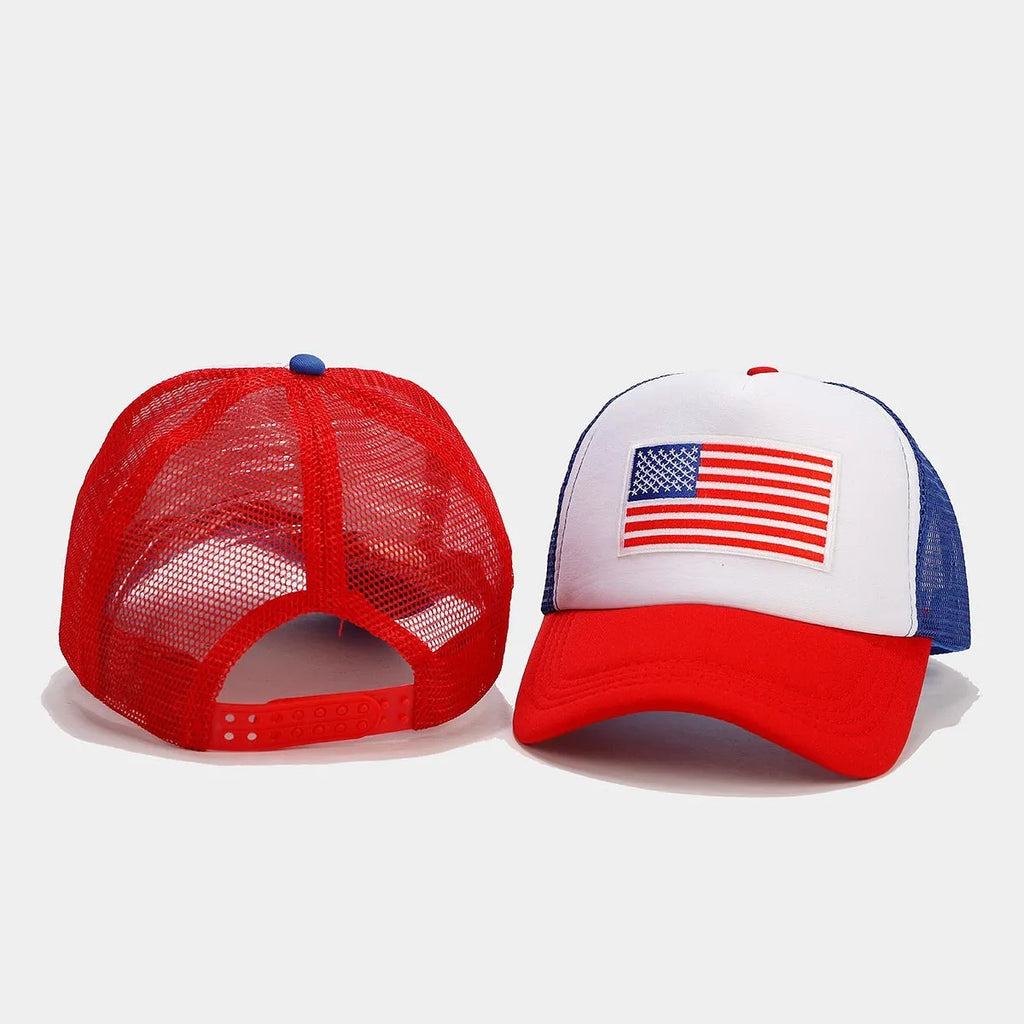 Red and blue contrast adjustable baseball cap with breathable mesh fabric.
