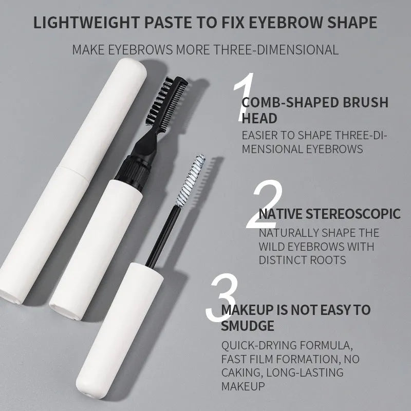 Eyebrow glue bottle with applicator brush for natural wild brow styling in pink and white options.