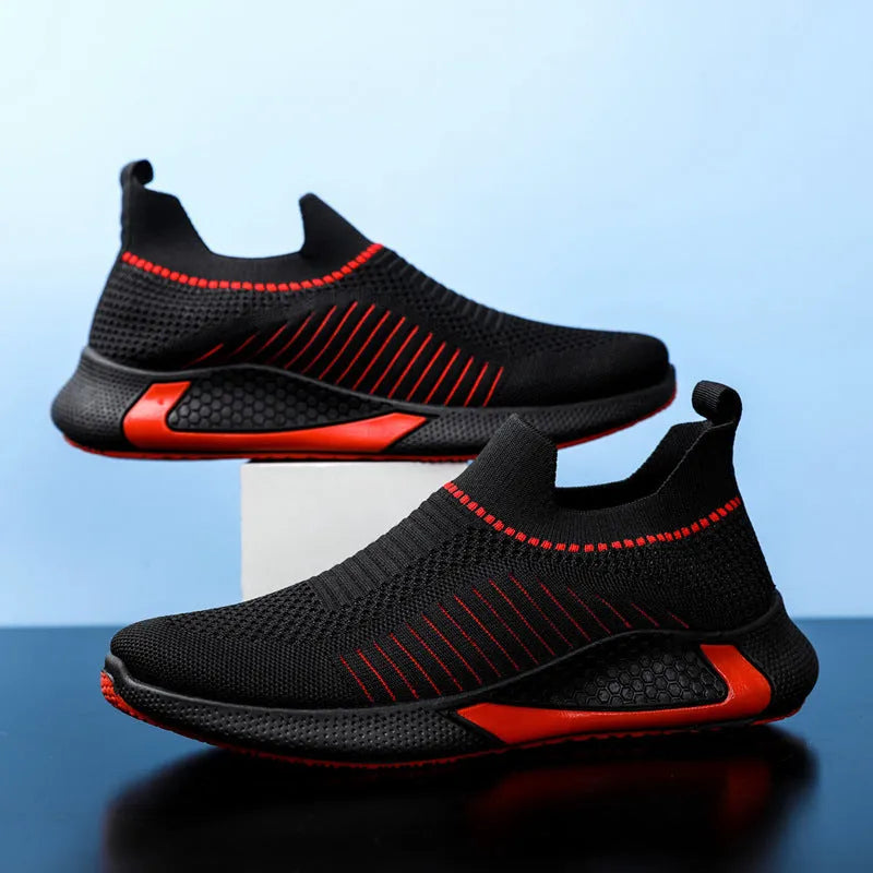 Men's striped mesh sock shoes with flyknit upper and lace-up closure in multiple colour options