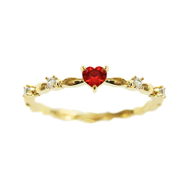 Personalised zircon peach heart ring in gold or silver electroplated finish on copper, available in UK sizes 6 to 10