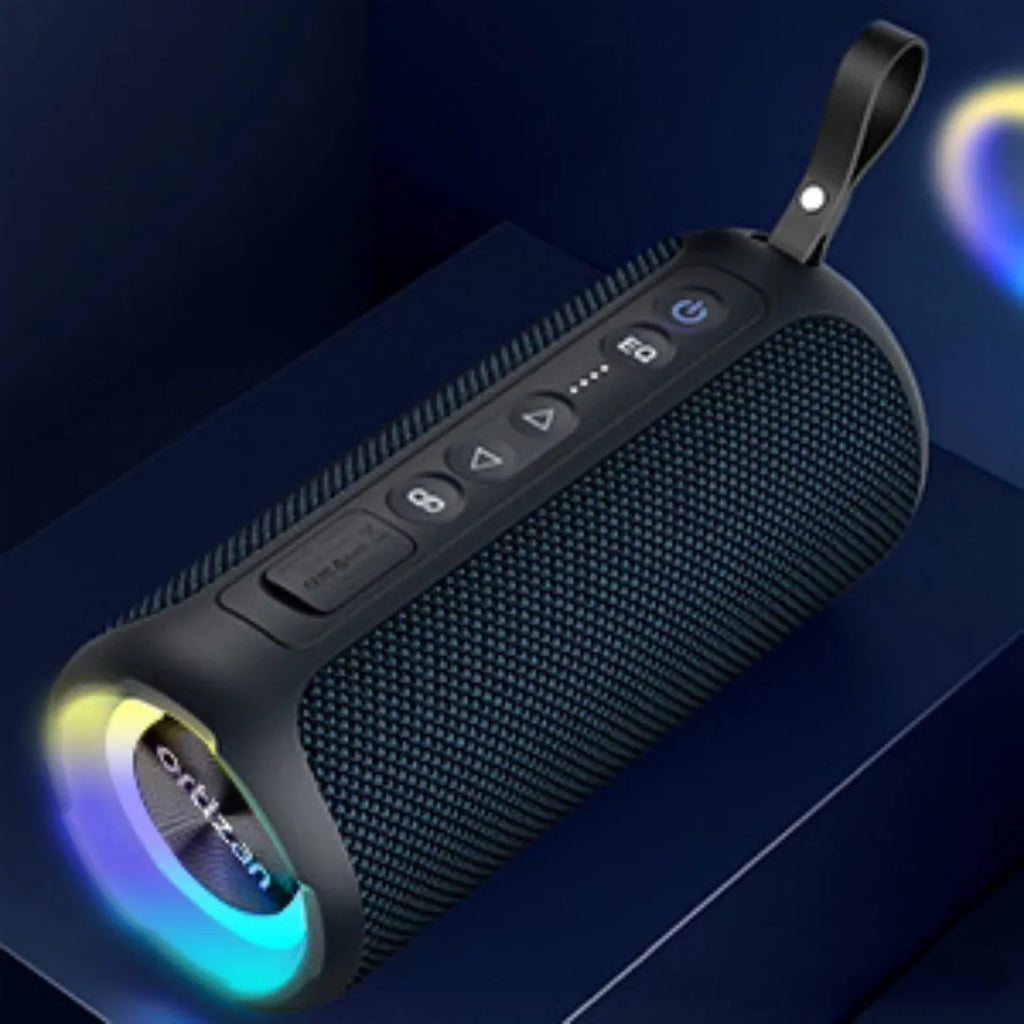 Black and blue fabric wireless Bluetooth speaker with LED lighting showing front controls