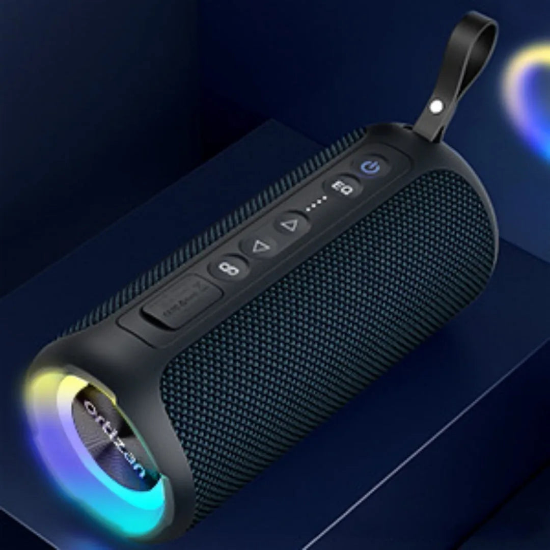 Black and blue fabric wireless Bluetooth speaker with LED lighting showing front controls