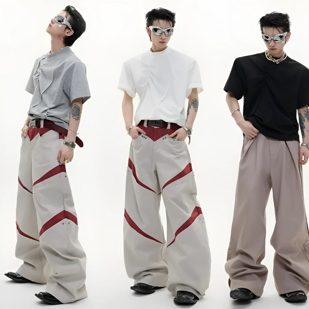 Men's white cotton T-shirt with three-dimensional pleated design and asymmetric stitching details