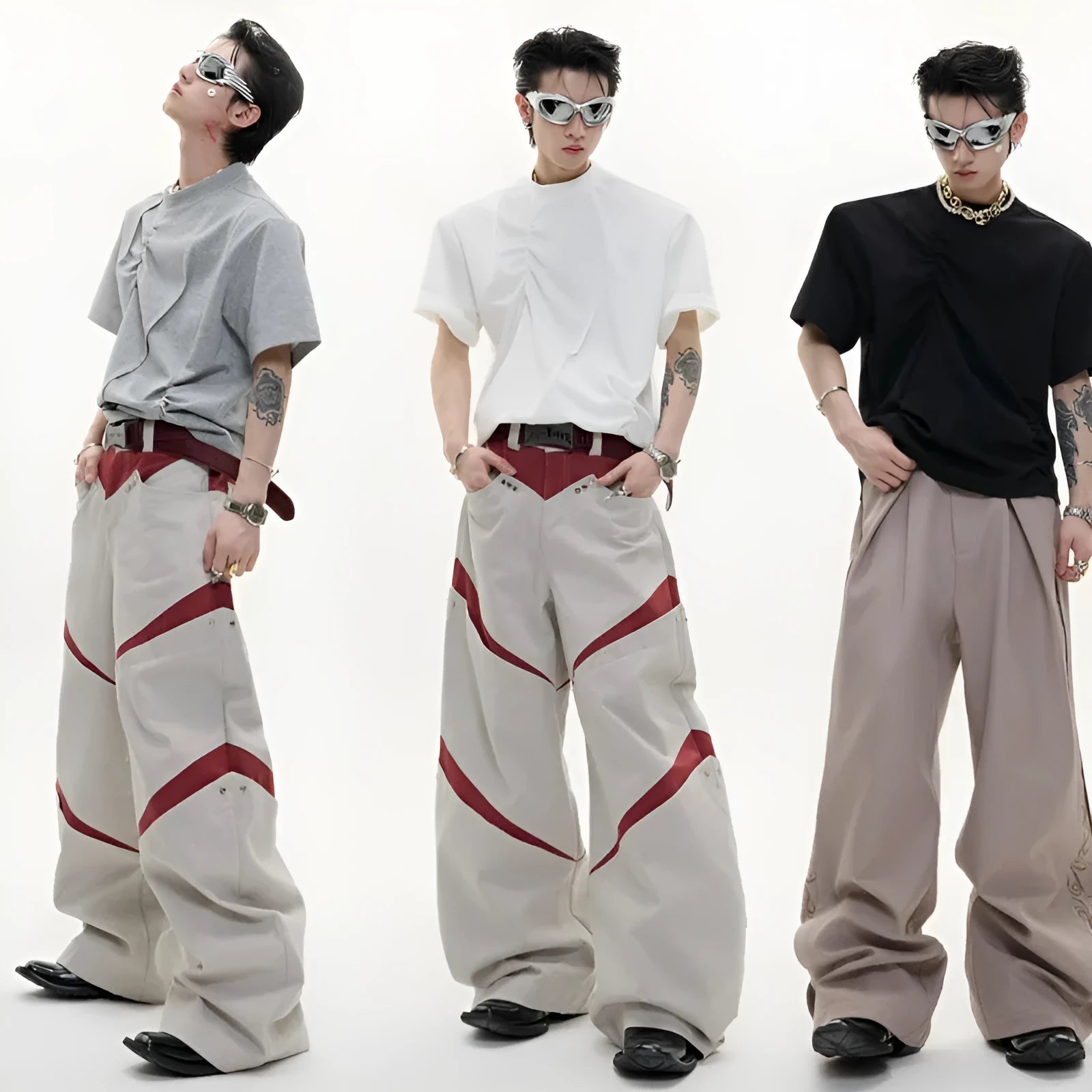 Men's white cotton T-shirt with three-dimensional pleated design and asymmetric stitching details