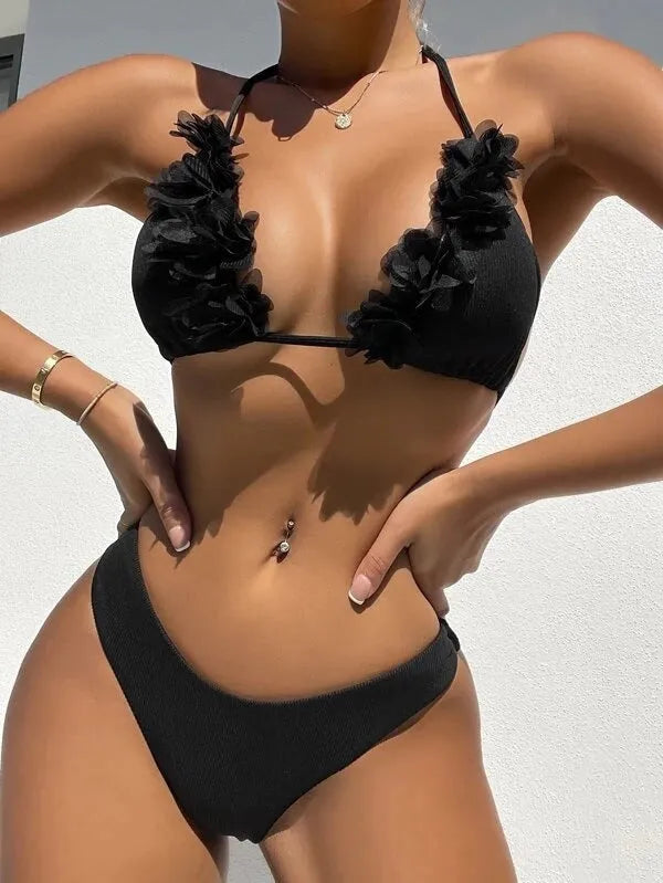Black women's two-piece swimwear with gathered high-waist shorts and separate top