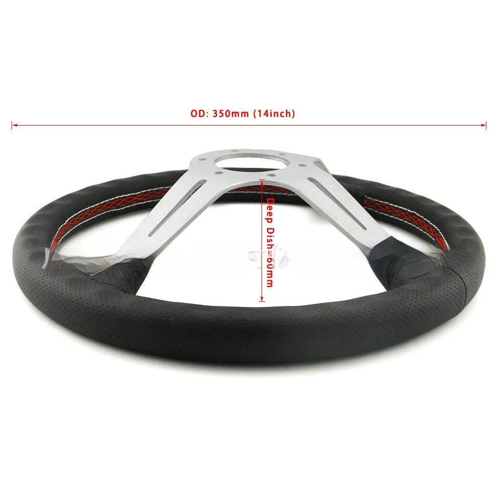 14-inch leather steering wheel with middle concave design showing hand-stitched detailing