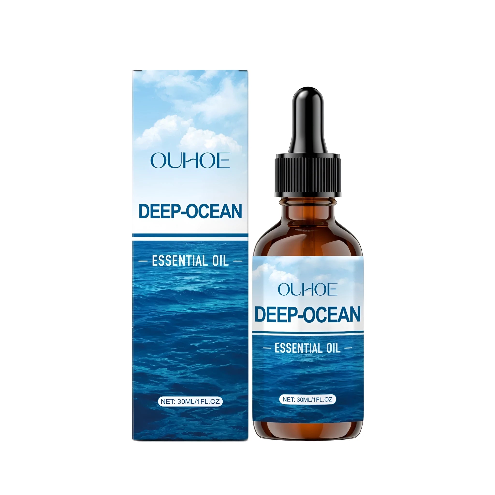 30ml glass bottle of Deep-Ocean Essential Oil with ingredient list including grape seed oil and vitamin E