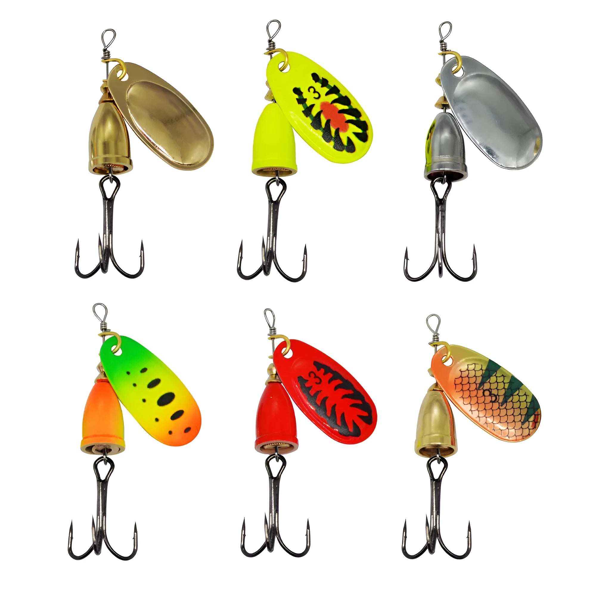Composite rotating sequins copper bell metal fishing lure in seven colour options on a blue background.