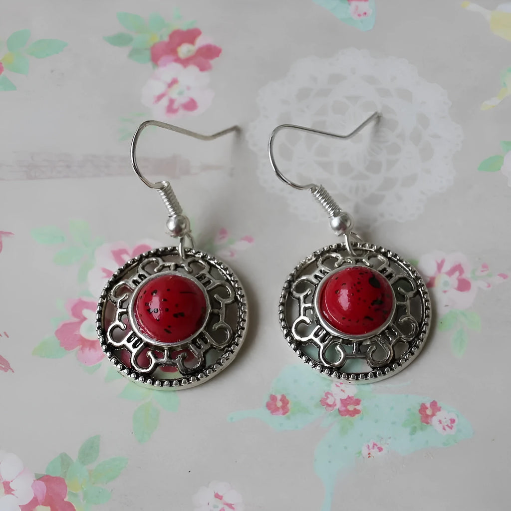 Handmade geometric Miao silver earrings with turquoise stones and ethnic patterns in three colour options