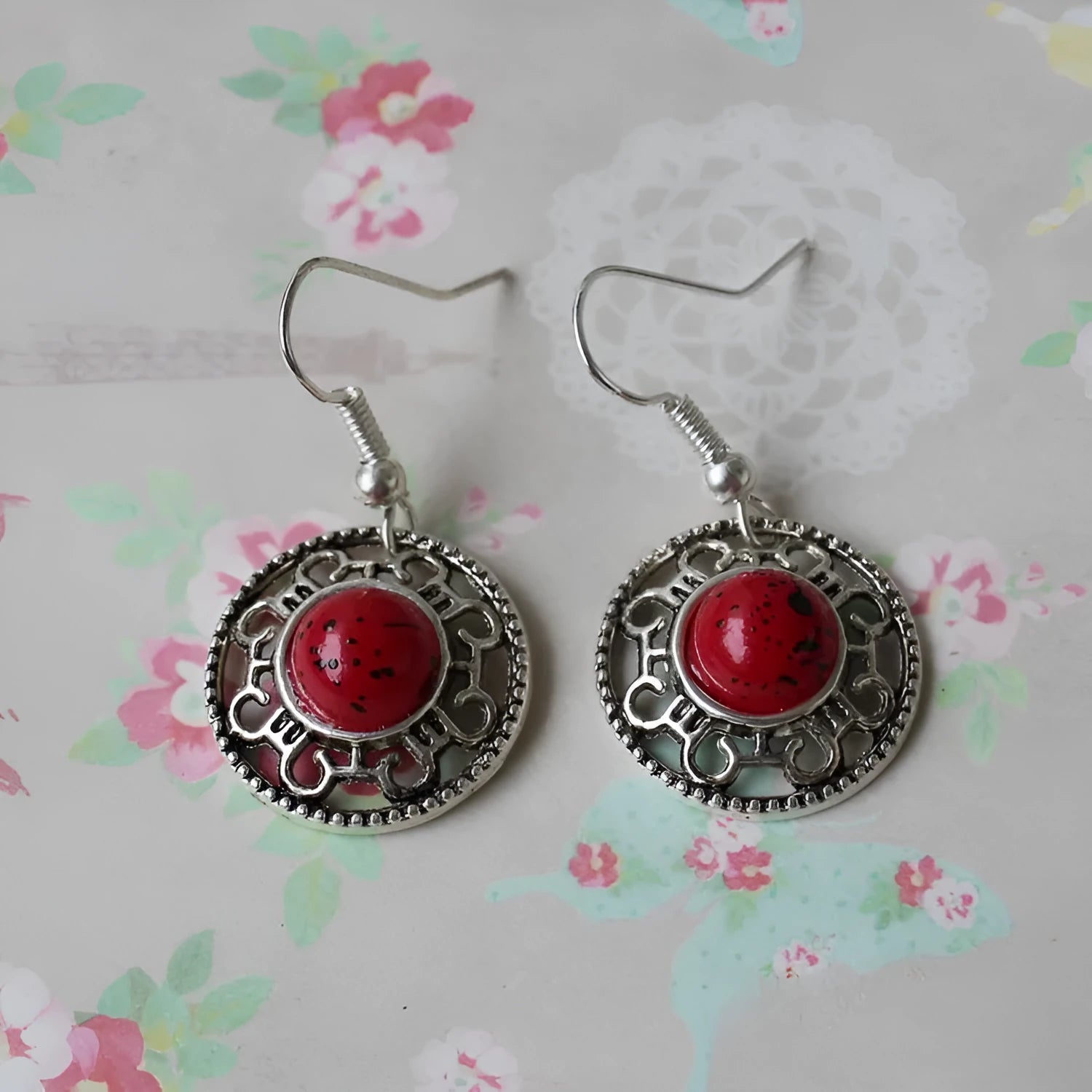 Handmade geometric Miao silver earrings with turquoise stones and ethnic patterns in three colour options