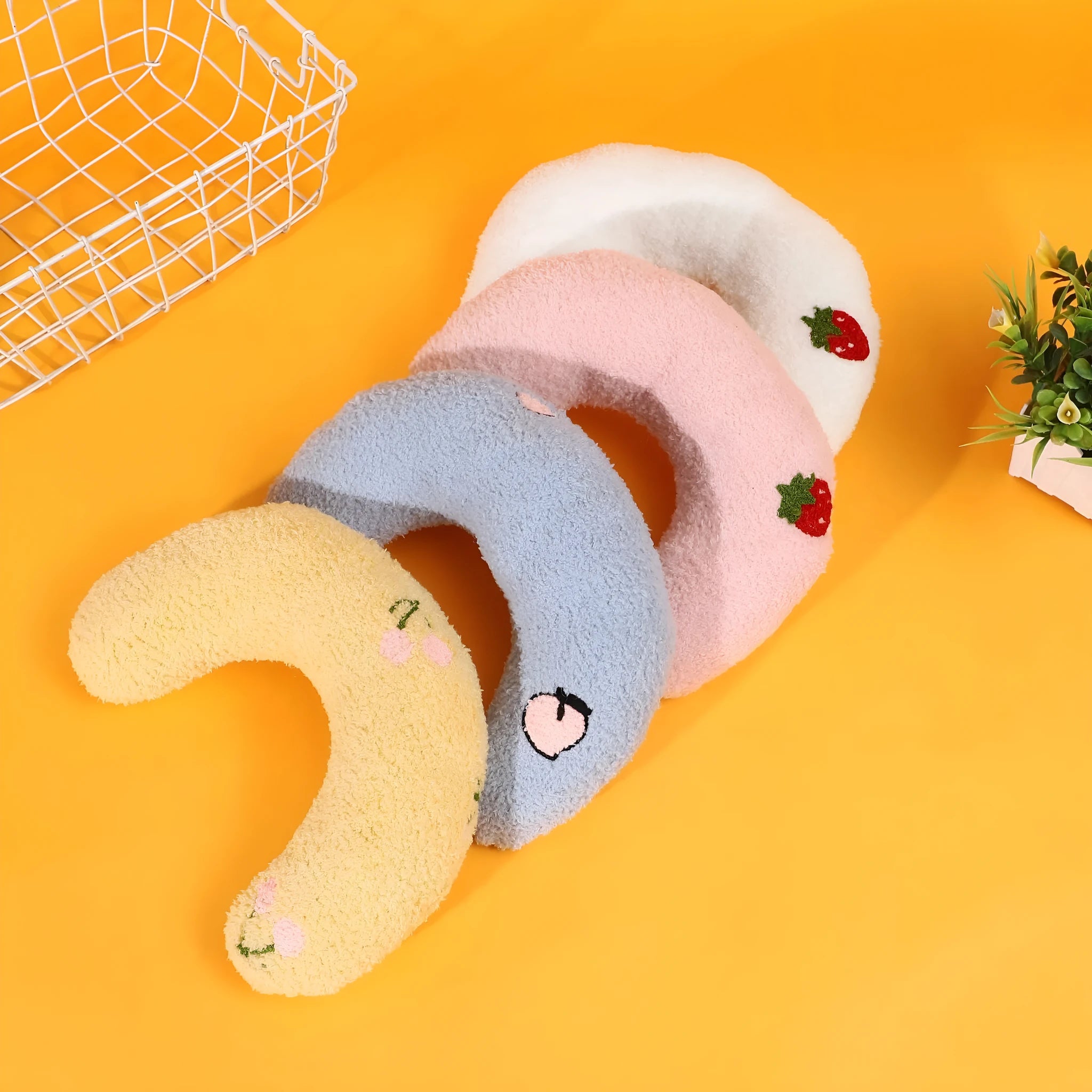 Cat U-shaped half moon pillow bed with cartoon dogs and cats pattern in blue colour