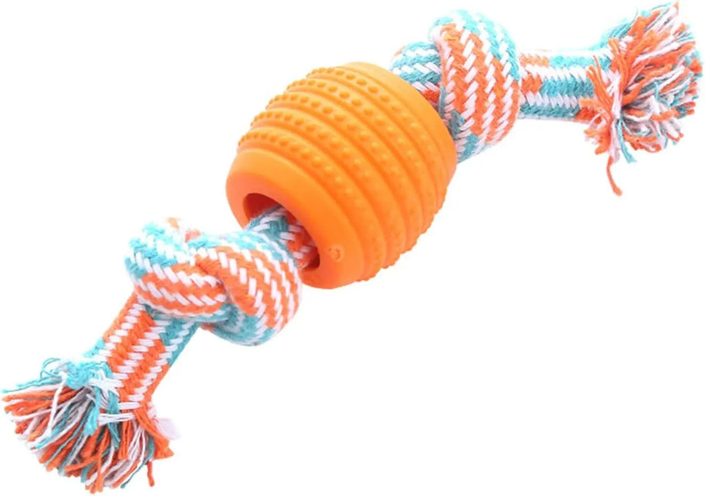 Blue dog chew toy with rope handles and textured surfaces for dental cleaning
