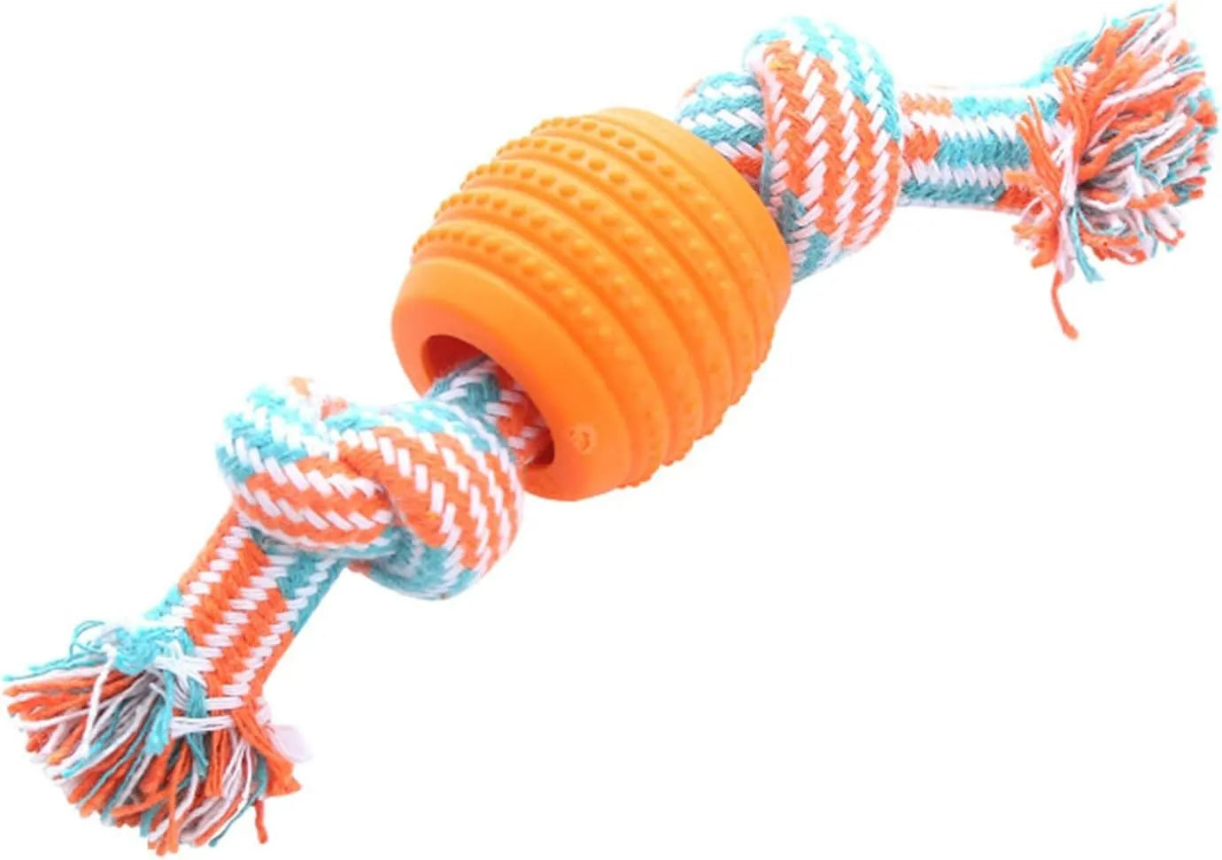 Blue dog chew toy with rope handles and textured surfaces for dental cleaning