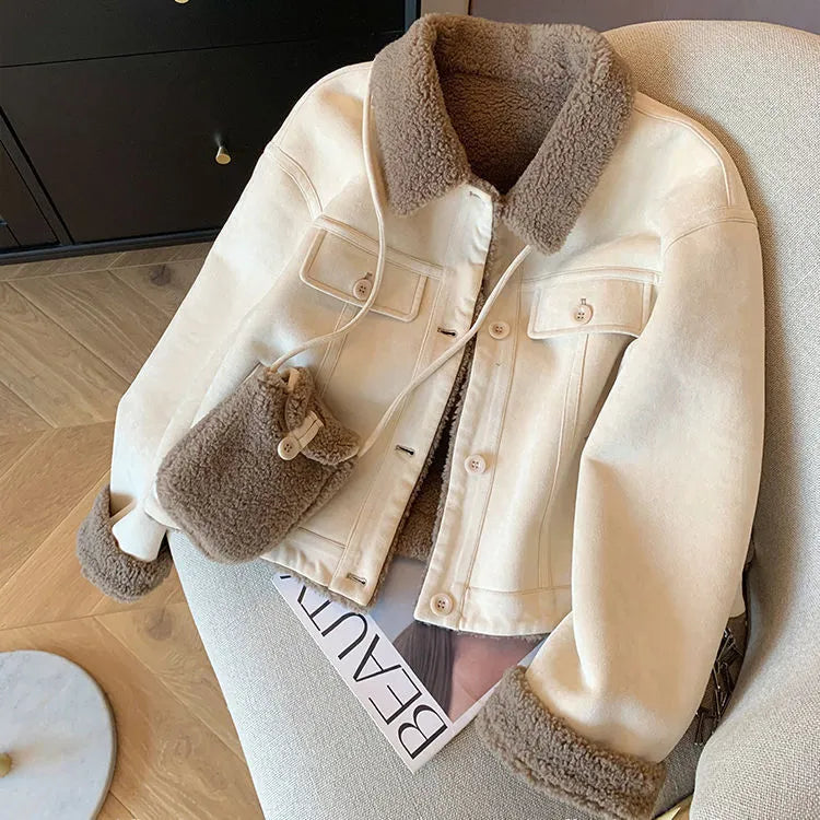 Loose thick sleeveless fur coat for women in beige apricot with plus velvet thickening, sizes S to 3XL.