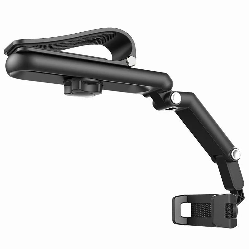 Grey single-clip car phone holder mounted on a car dashboard holding a mobile phone.