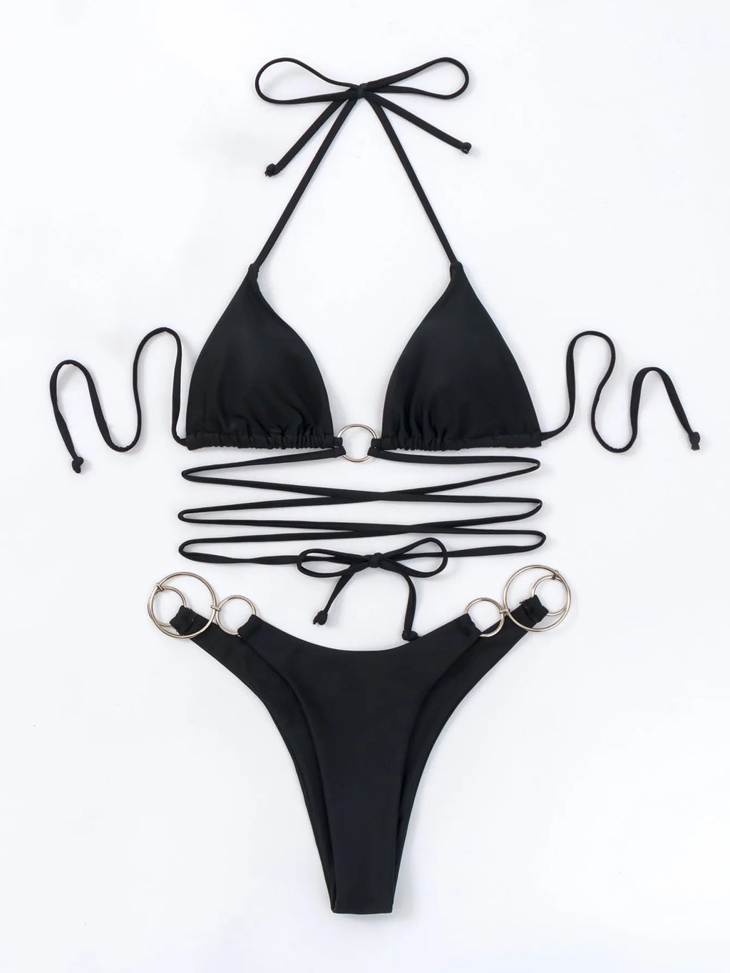 Black women's bikini swimsuit set with metal rings on the long straps, backless design.