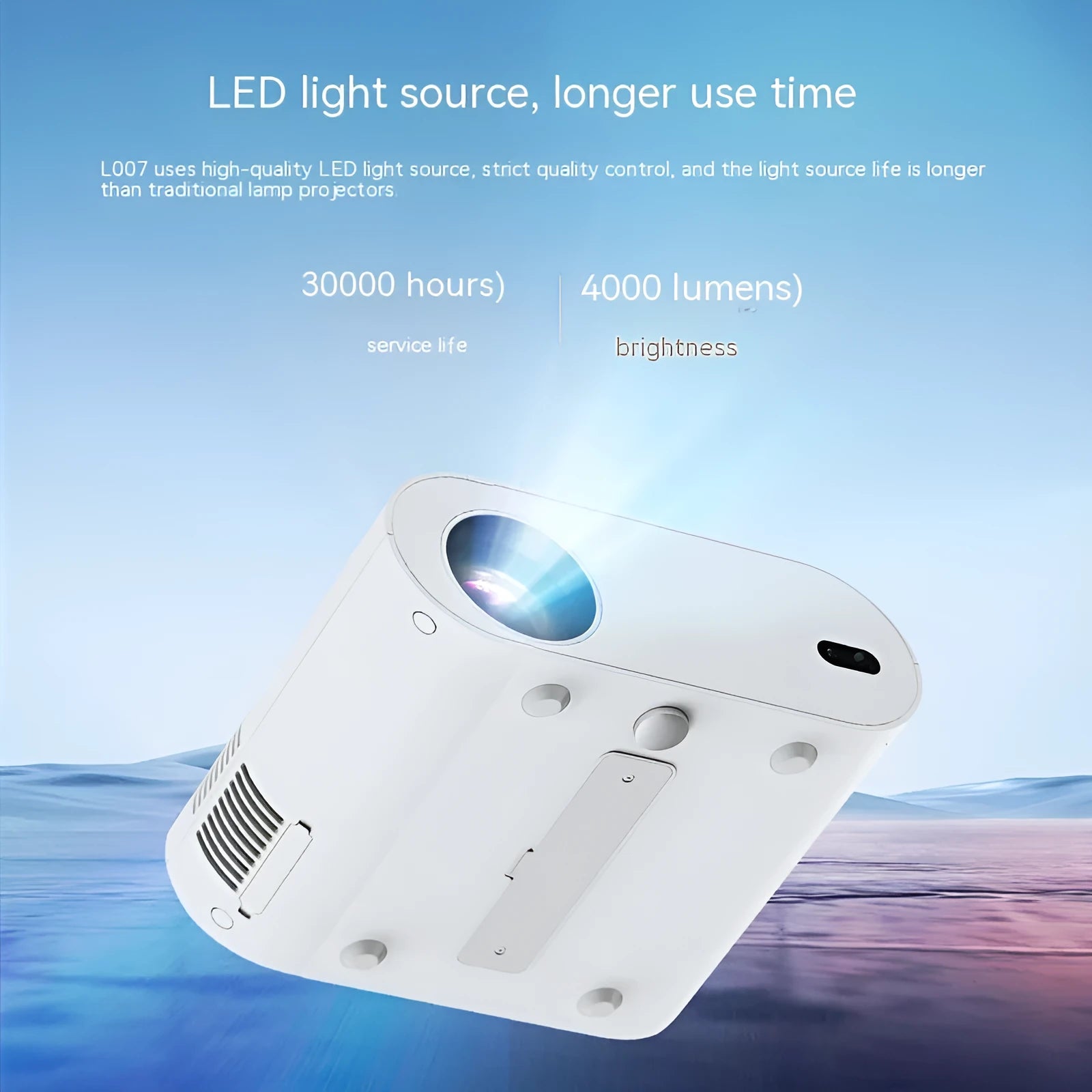 T07 Full HD Smart Projector with Android system showing white housing and remote control