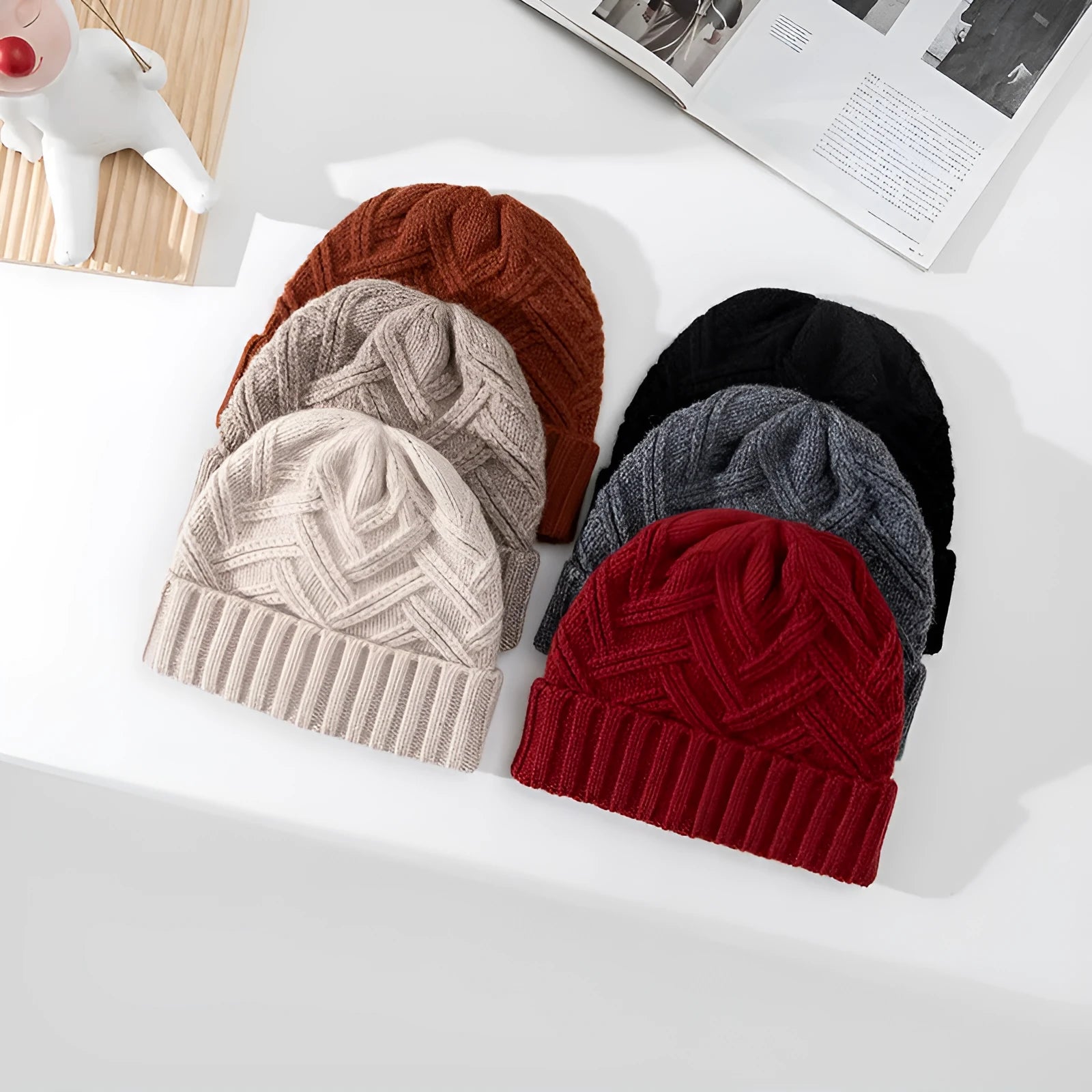 Wool knitted dome crown women's hat in six colour options showing totem patterning detail