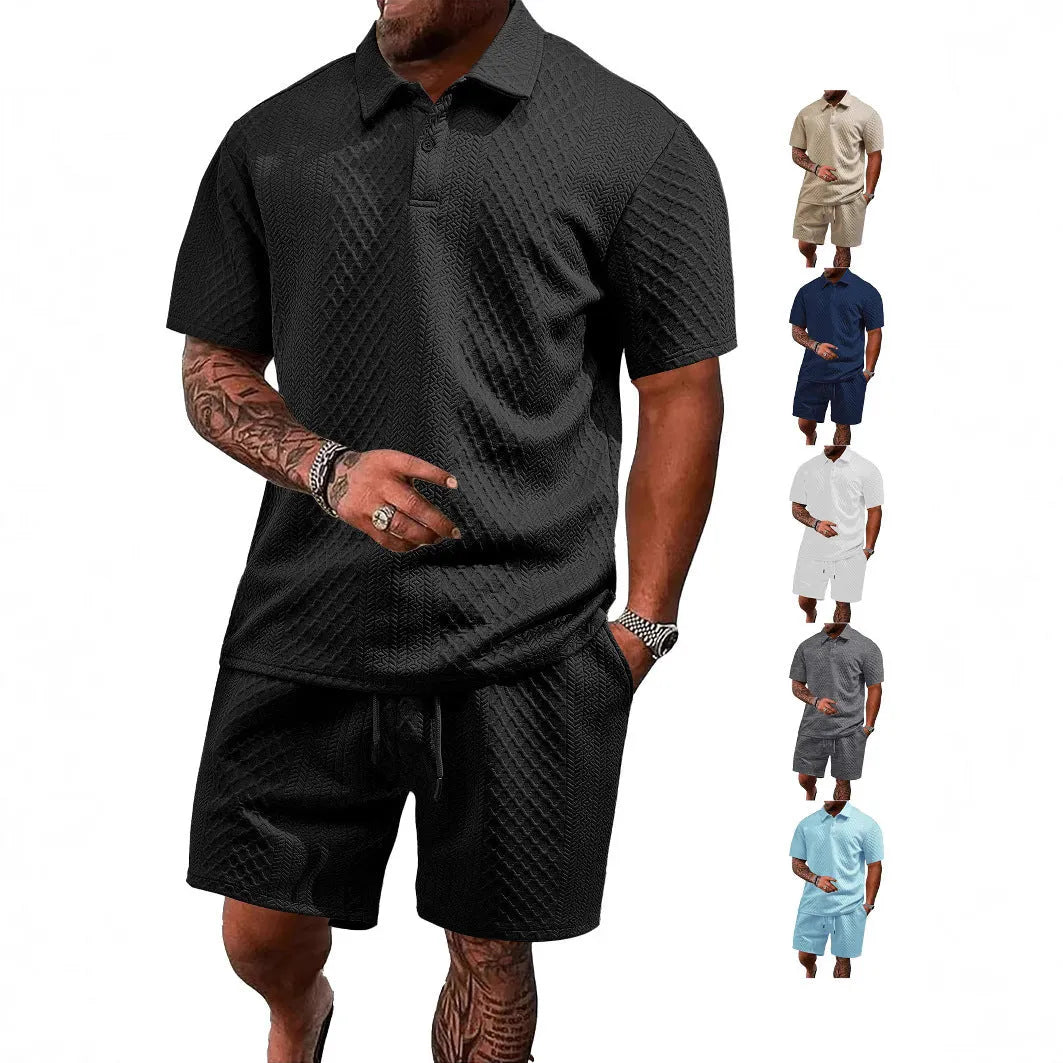 Men's patterned cloth casual short sleeve suit set with polo shirt and trousers on a hanger