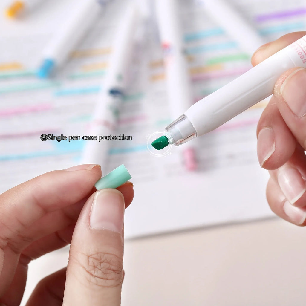 Boxed set of six fluorescent highlighter pens with plastic shells and oblique heads in three colour options