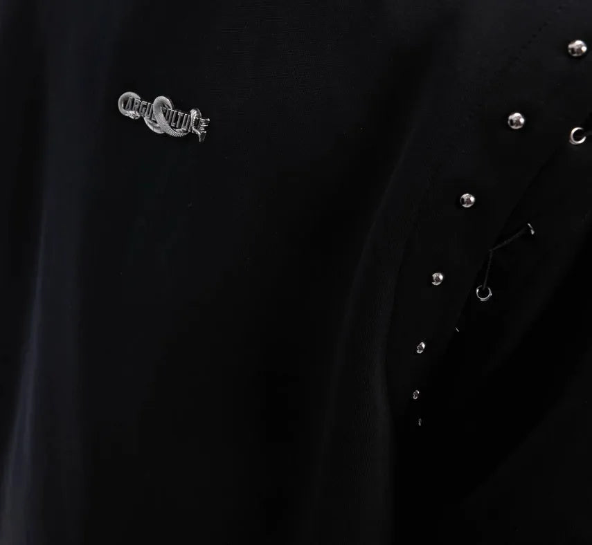 Women's black short sleeve T-shirt with a lace-up cutout detail on the front.