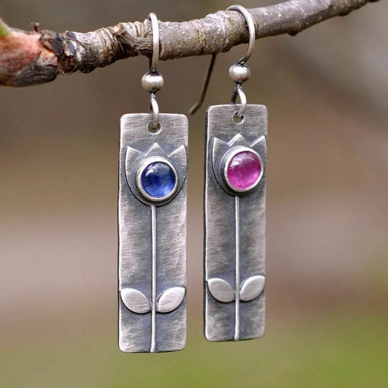 Women's antique finish red sapphire earrings with geometric retro design and electroplated metal construction