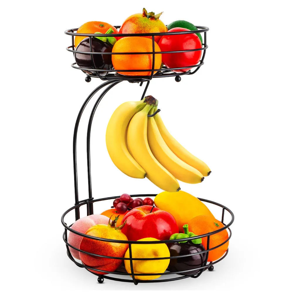 Black double-layer wrought iron fruit basket with two storage tiers for restaurant or home use