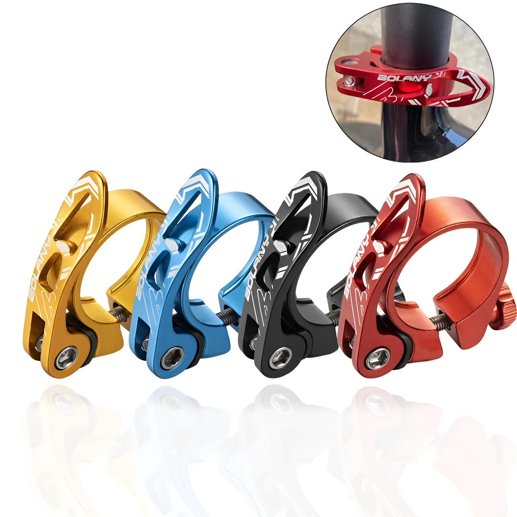 Aluminium alloy bicycle seat post clamp in black, red, gold, or blue colour options.