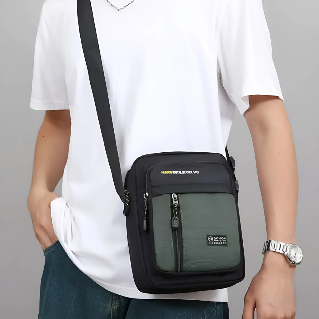 Men's casual outdoor nylon messenger bag with crossbody strap and sewing thread detailing