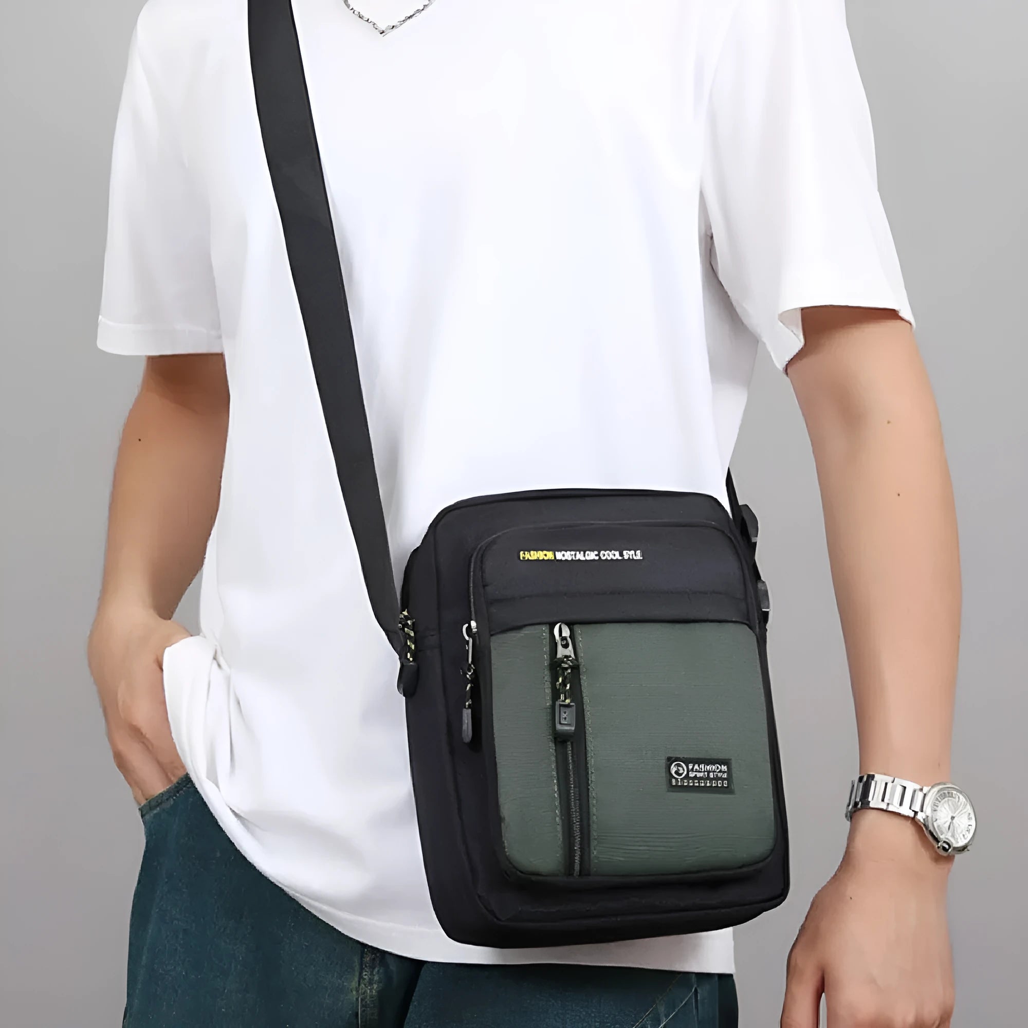 Men's casual outdoor nylon messenger bag with crossbody strap and sewing thread detailing