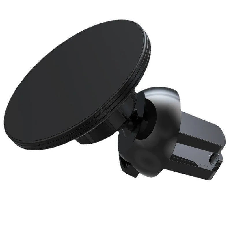 Black aluminium alloy magnetic car phone holder mounted on car dashboard with adjustable gooseneck arm