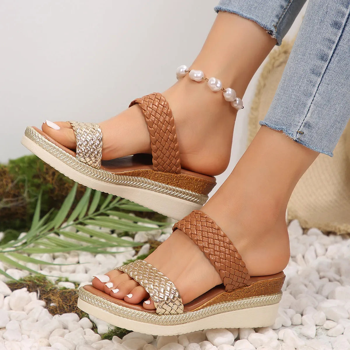 Gold wedge sandals for women in plus sizes with PU upper and rubber sole