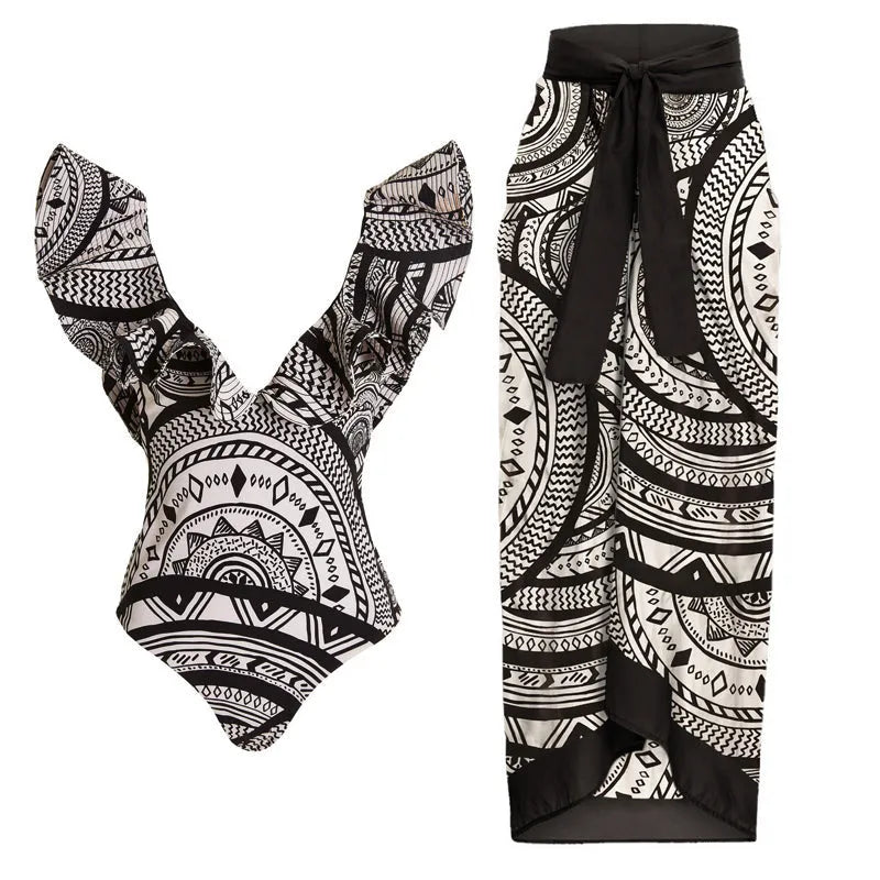 Women's deep V ruffled vintage printed one-piece swimsuit with coordinating wrap skirt